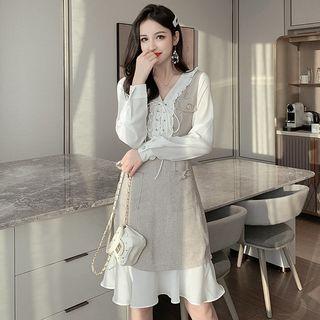 Long-sleeve Lace-up Plaid Paneled A-line Dress