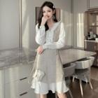 Long-sleeve Lace-up Plaid Paneled A-line Dress