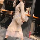 Set: Tie Waist Long-sleeve Knit Dress + Mesh Skirt