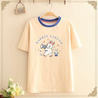 Contrast-trim Rabbit Print Short-sleeve Tee Khaki - One Size