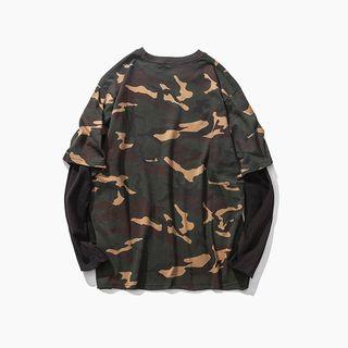 Mock Two-piece Long-sleeve Camo Print Sweatshirt