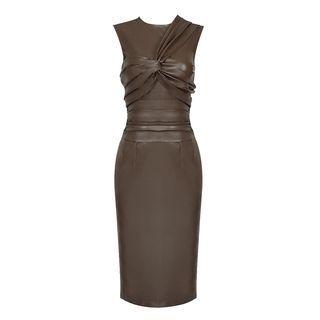 Set: Sleeveless Faux Leather Midi Bodycon Dress + Long Gloves