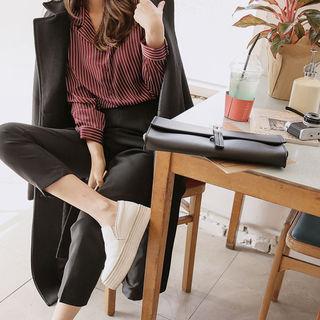Buttoned Wool Blend Long Coat With Sash