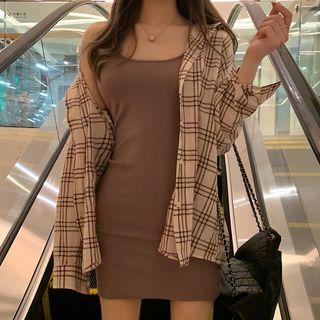 Long-sleeve Plaid Shirt / Plain Slipdress