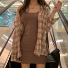 Long-sleeve Plaid Shirt / Plain Slipdress