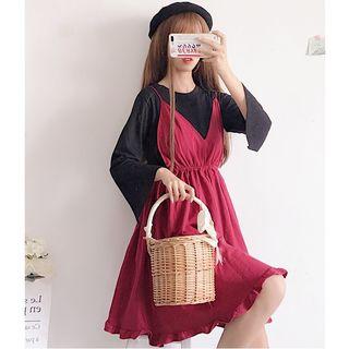 Crew-neck 3/4-sleeve T-shirt / V-neck Spaghetti Strap Dress