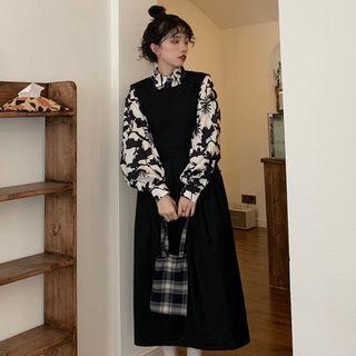 Long-sleeve Floral Print Shirt / Midi A-line Pinafore Dress