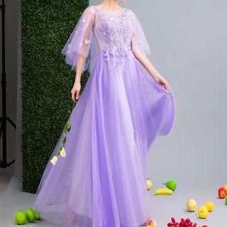 Tulle-sleeve Applique Evening Gown