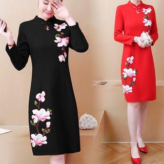 Long-sleeve Floral Embroidered Mandarin Collar Dress