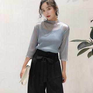 Set: Mock-neck Blouse + Wide Leg Pants