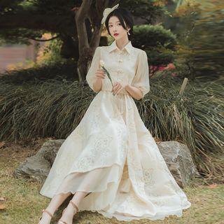 Set: Elbow-sleeve Mesh Panel Jacket + Floral Embroidered Midi Spaghetti-strap Dress