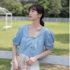 Denim Puff-sleeve Double-breasted Cropped Blouse Blue - One Size