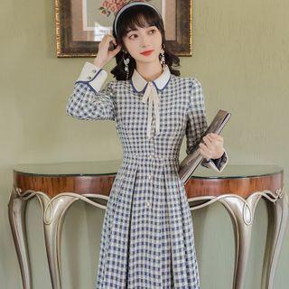 Long-sleeve Check Tie-neck Midi A-line Shirtdress