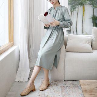 Long-sleeve Tie-waist Buttoned Midi Dress