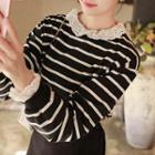 Eyelet Lace Trim Stripe Sweatshirt Black - One Size