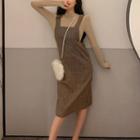 Long-sleeve Plain Top / Sleeveless Plaid Dress