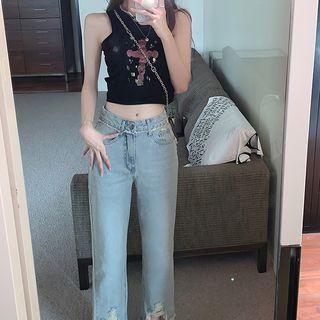 Fray Hem Distressed High Waist Straight Leg Jeans