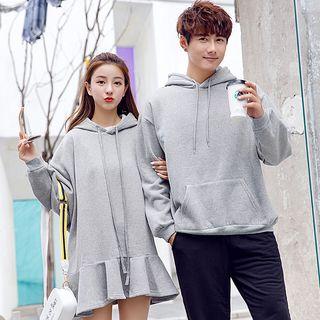 Couple Matching Hooded Long-sleeve Ruffle Hem Mini Dress / Hoodie