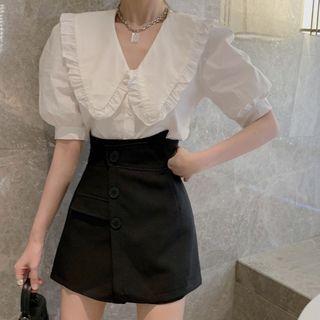 Puff-sleeve V-neck Blouse / Mini A-line Skirt