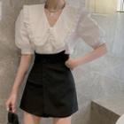 Puff-sleeve V-neck Blouse / Mini A-line Skirt