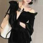 Off-shoulder Lace Trim Bell-sleeve Velvet Top Black - One Size