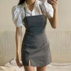 Set: Puff-sleeve Shirt + Lace-up Mini Sheath Overall Dress