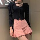 Puff-sleeve Cardigan / Mini Pleated Skirt