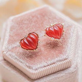 Heart Stud Earring 1 Pair - Red Heart - Gold - One Size