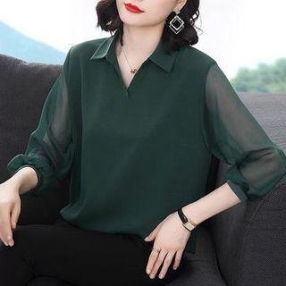 3/4-sleeve Mesh Panel Open-collar Blouse