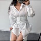 Plain Long-sleeve Shirtdress / Corset Belt