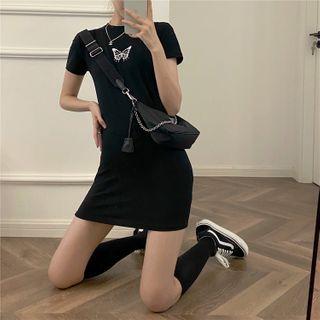 Butterfly Print Short-sleeve Dress Black - One Size