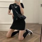 Butterfly Print Short-sleeve Dress Black - One Size