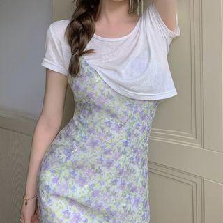 Short-sleeve Floral Print Mini Dress Floral Dress - White - One Size