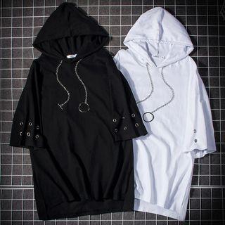 Elbow-sleeve Grommet Hooded T-shirt