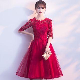 Lace Detail Elbow-sleeve A-line Cocktail Dress