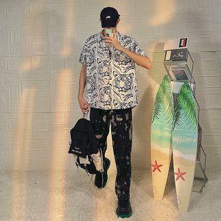 Elbow-sleeve Tiger Print Loose Fit Shirt