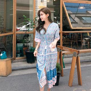 Drawstring-waist Patterned Shirtdress Sky Blue - One Size