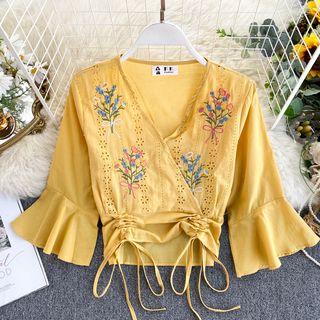 Eyelet Bell-sleeve Drawstring Cropped Top