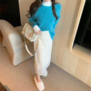 Plain Knit Sweater / High-neck Lace Top / Lace Midi Skirt