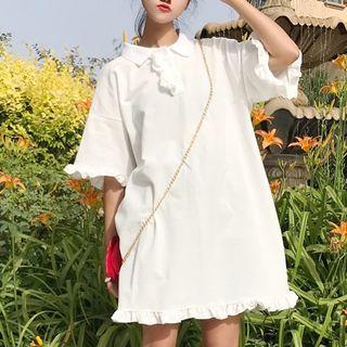 Frilled Elbow-sleeve Polo Shirt Dress