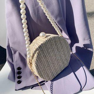 Faux Pearl Strap Woven Crossbody Bag