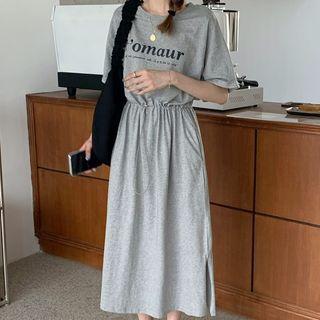 Short-sleeve Lettering Print A-line Midi T-shirt Dress