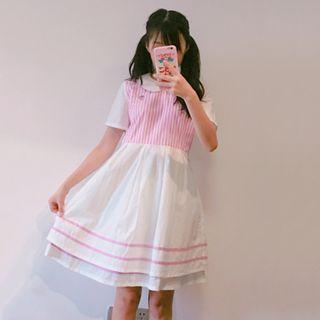 Stripe Panel Peter Pan Collar Short-sleeve A-line Dress