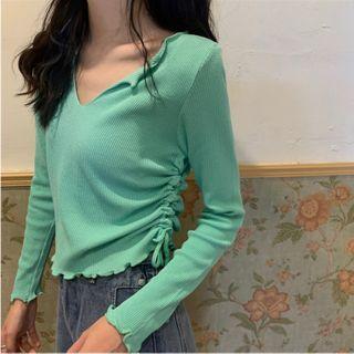 Ruffle Trim Drawstring V-neck Top