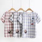 Cat Embroidered Short-sleeve Plaid Top