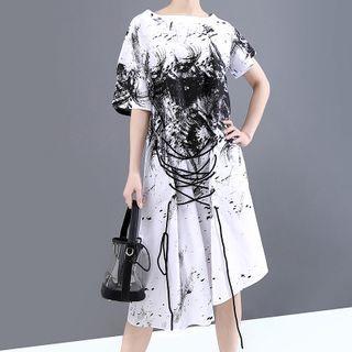 Short-sleeve Printed Lace-up Midi A-line Dress White - One Size