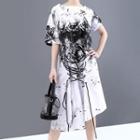 Short-sleeve Printed Lace-up Midi A-line Dress White - One Size