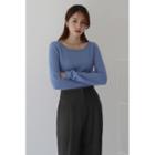 Square-neck Wool Knit Top Blue - One Size