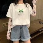 Mock Two-piece Butterfly Print Panel T-shirt Green - One Size