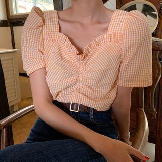 Short-sleeve Plaid Top Tangerine - One Size